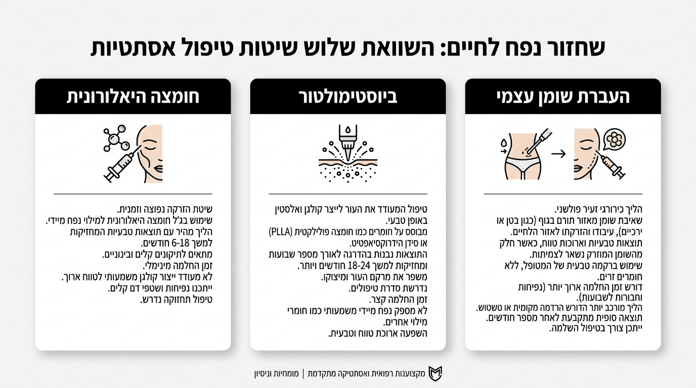 השוואה בין שיטות החזרת נפח ללחיים — חומצה היאלורונית, ביוסטימולטור ושומן עצמי