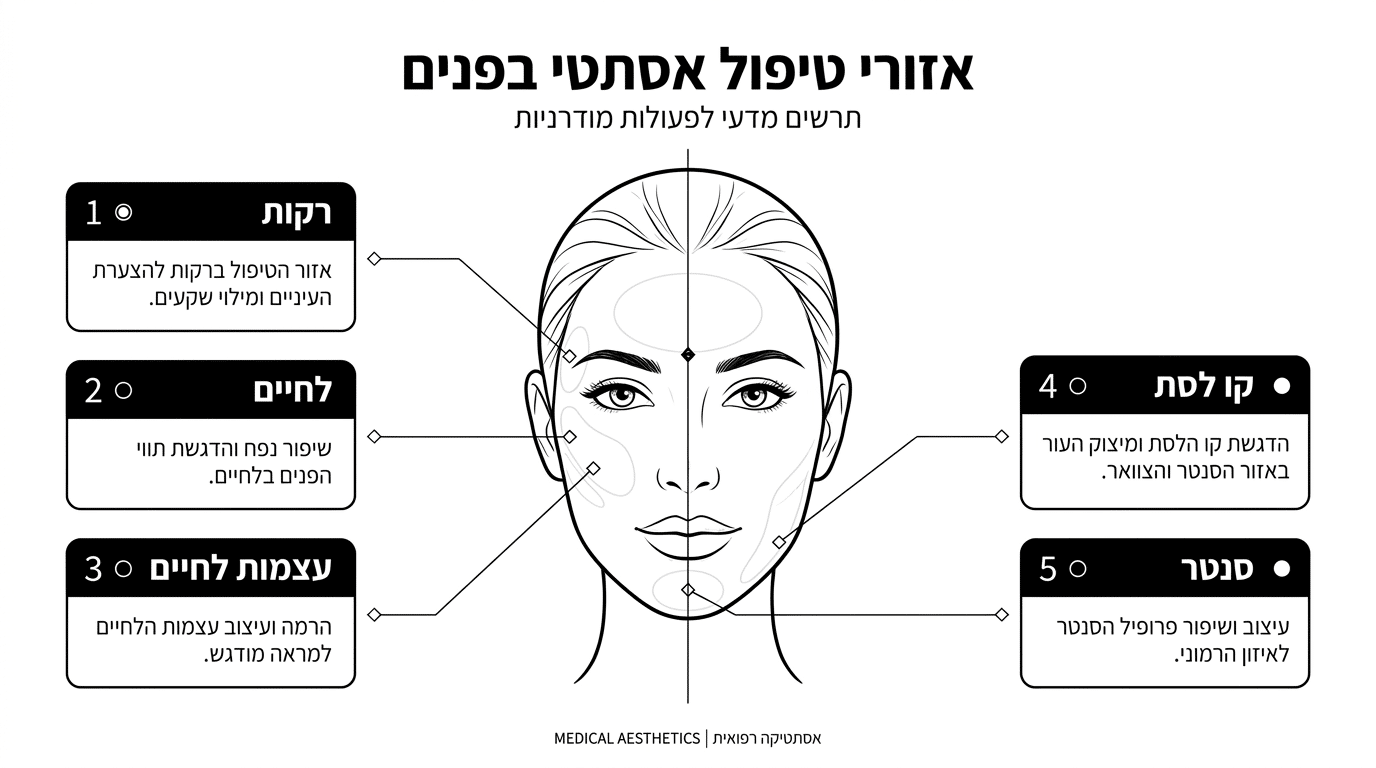 מפת אזורי הפנים הניתנים לטיפול ועיצוב מקצועי בחומרי מילוי