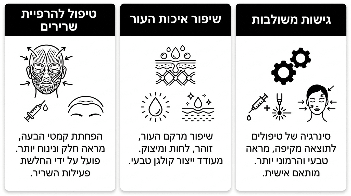 השוואה בין שלוש הגישות המרכזיות להחלקת קמטי עורב - טיפול קליני, טיפוח ביתי ושילוב גישות