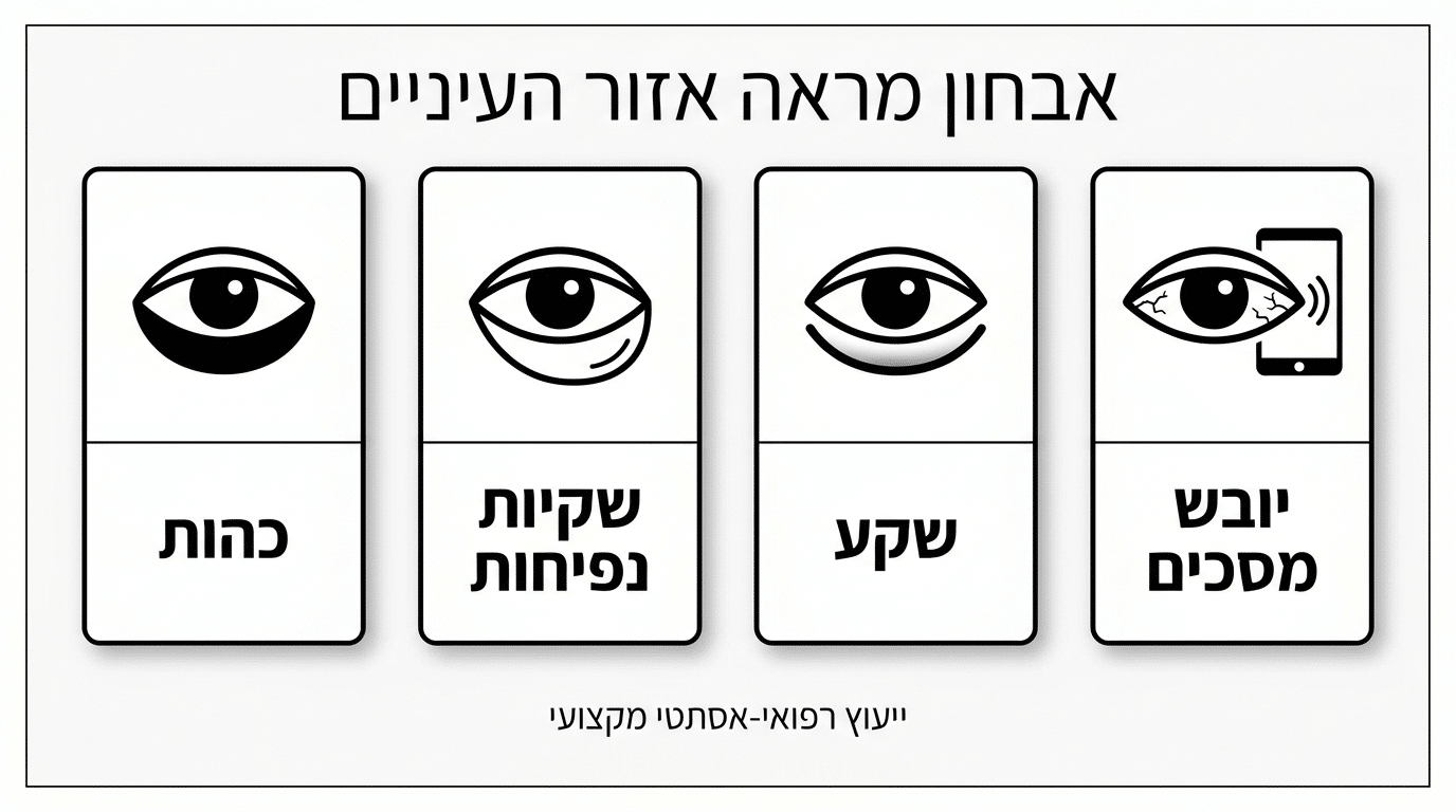 זיהוי דפוסי עיניים עייפות: שקיות, כהות ושקע - מדריך ויזואלי מקצועי