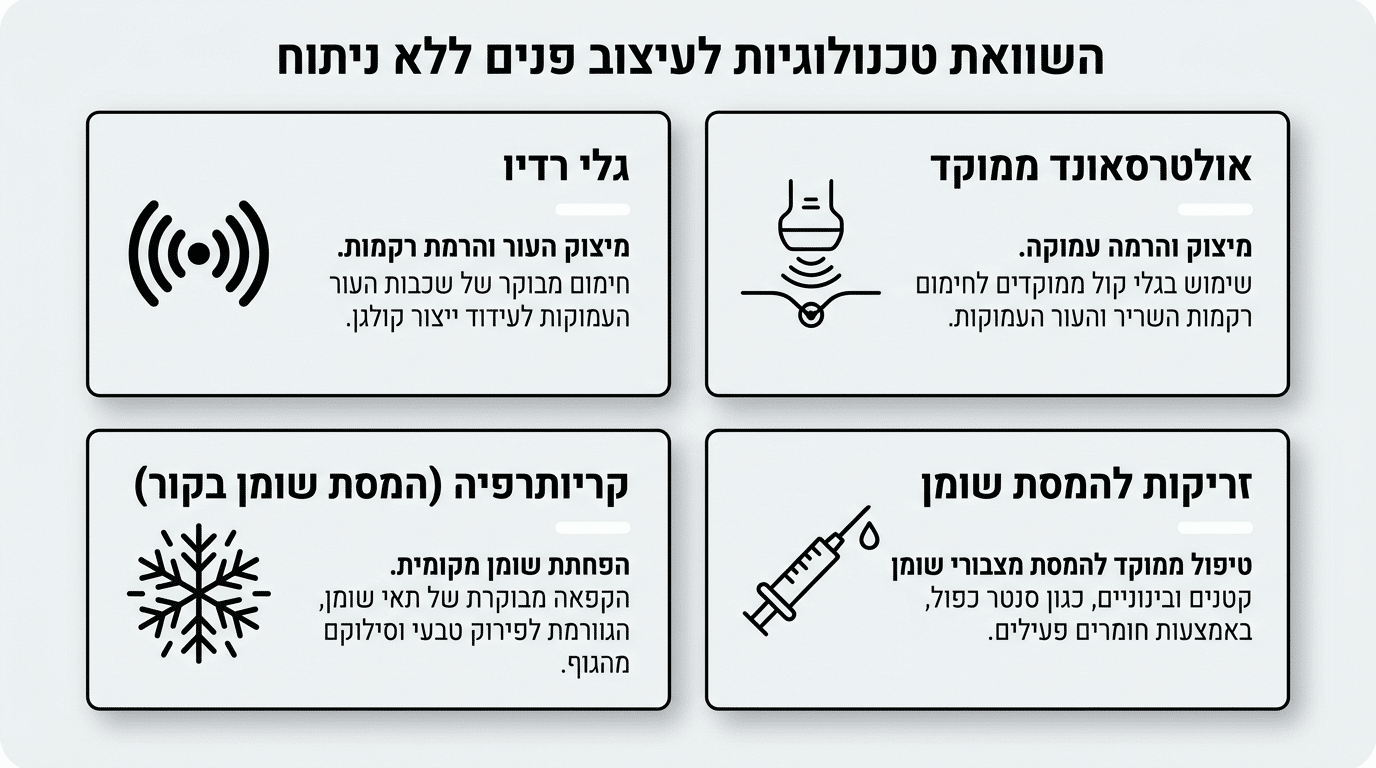 טבלת השוואה בין טיפולי הסרת סנטר כפול ללא ניתוח לבין ניתוח פלסטי מסורתי