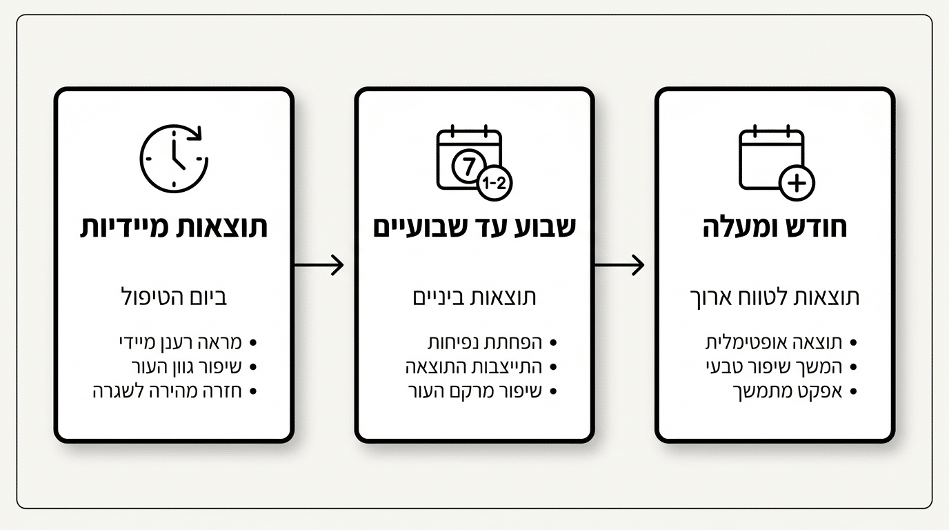 טבלת ציר זמן לתוצאות בטיפול בשקיות מתחת לעיניים